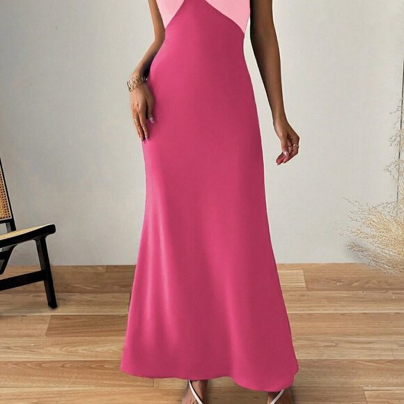 Multicolor Sexy Women's Summer Color Blocked Long Tail Spaghetti Strap Dress - Picture 5 of 8